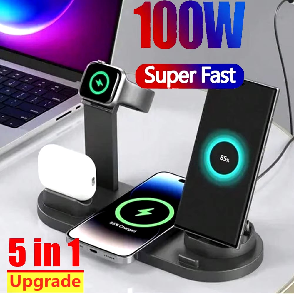 5 in 1 Wireless Charger Stand Pad for Iphone 15 14 13 12 11 X Apple Watch Airpods Desk Phone Chargers Fast Charging Dock Station